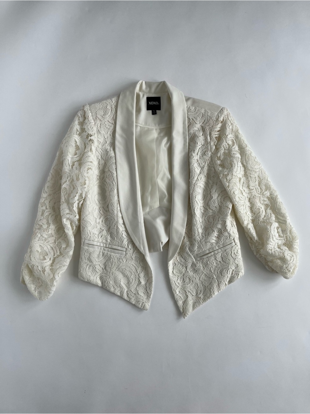 XOXO Ivory Lace Shawl Collar Blazer